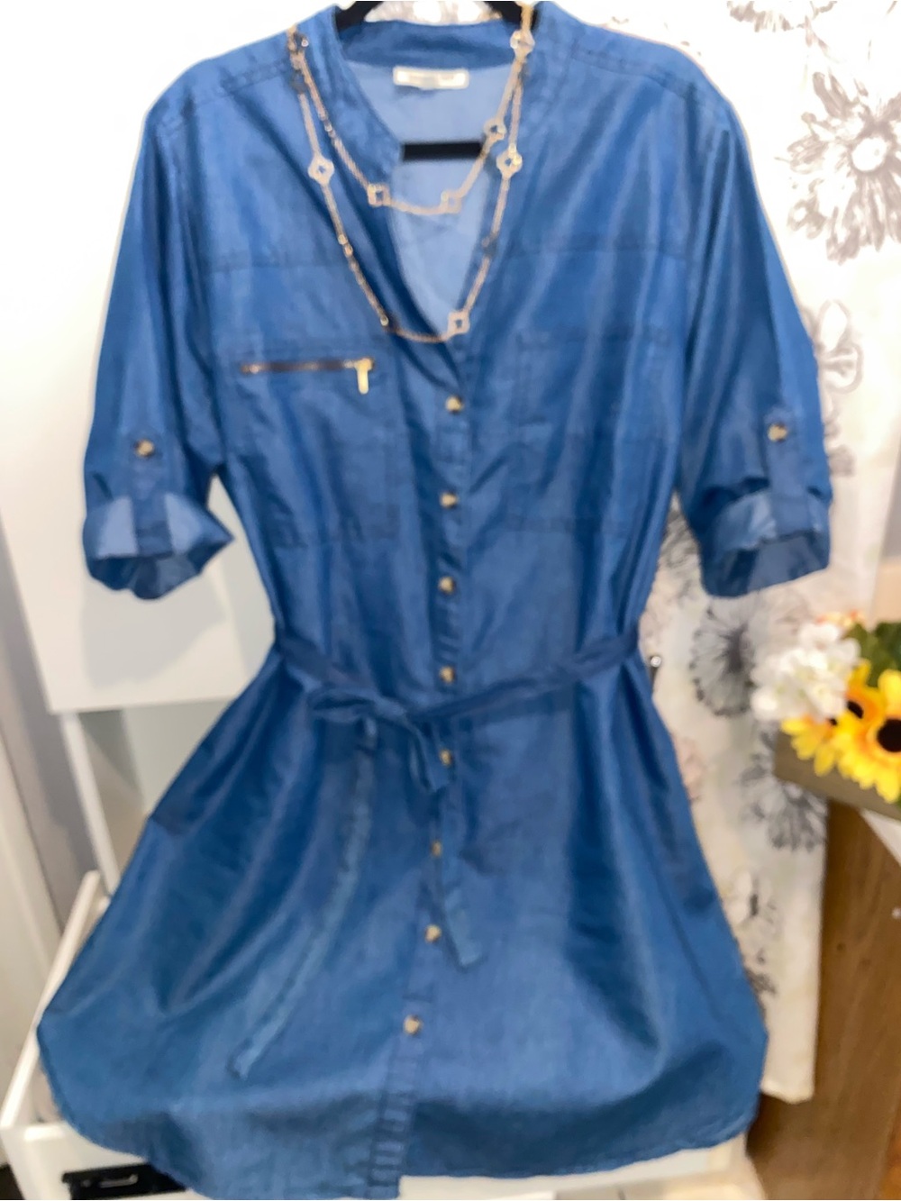 Denim Blue Button-Front Shirt Dress with Tie Waist
